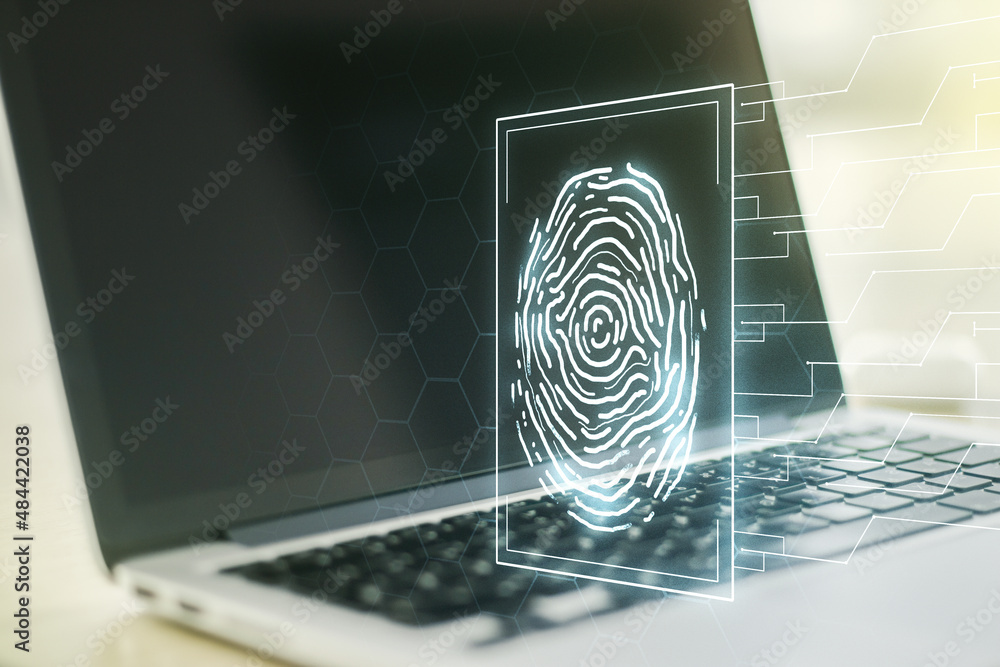 Aufkleber Multi exposure of abstract fingerprint scan interface on computer background, digital access concept