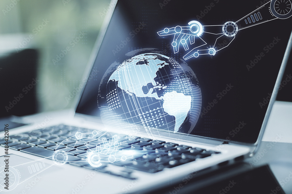 Aufkleber creative concept of robotics technology with globe sketch on modern laptop background. robot develop