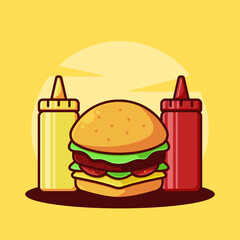 Burger with mustard and ketchup vector cartoon illustration