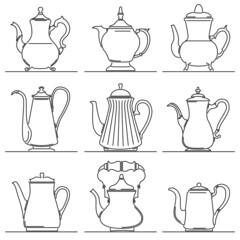 Set of flat design vector images of vintage steel kettle drawn in art line style.