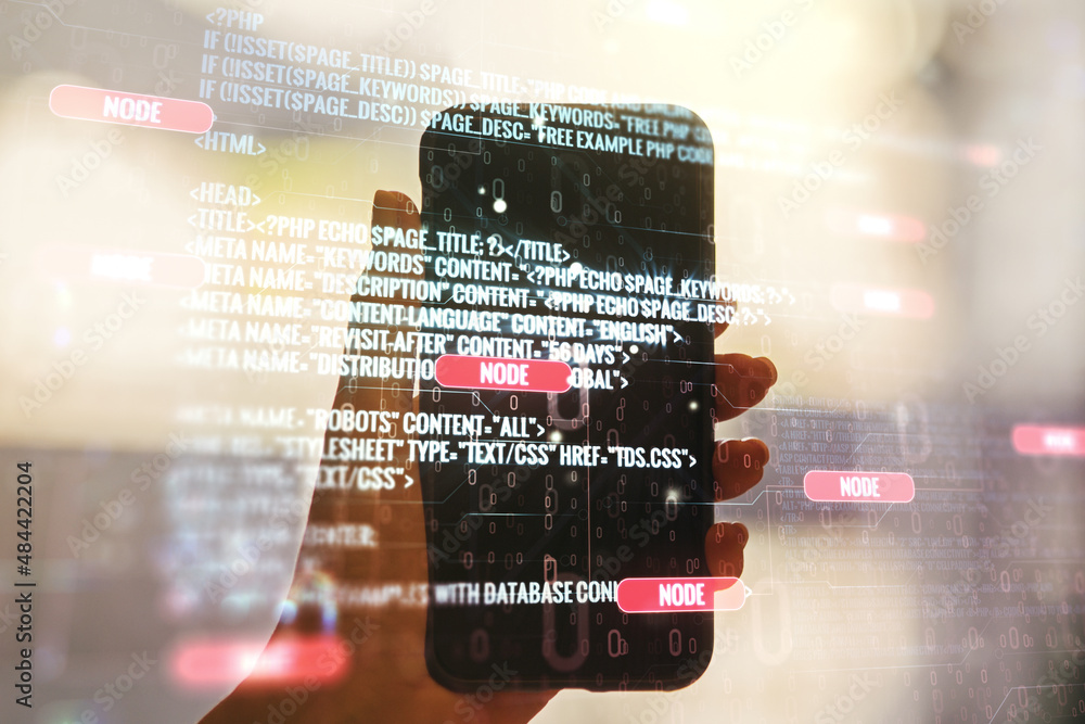 Poster double exposure of abstract creative programming illustration and hand with cellphone on background,