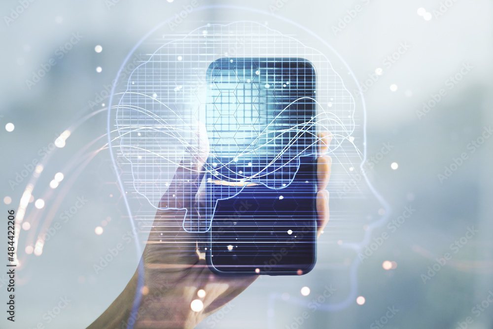 Poster double exposure of creative artificial intelligence symbol and hand with cell phone on background. n