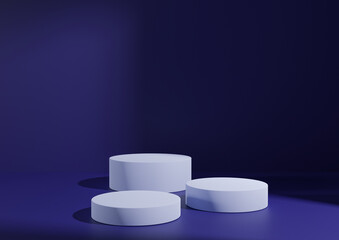 Three light blue podiums or stands on navy blue background for product display. Minimal composition for product display 3D rendering mockup. Window light coming from right side.