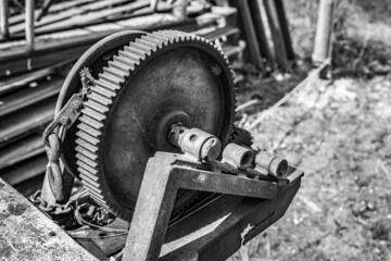 Big gear found at fishermen village on Black Sea, Bulgaria.
Shallow focus, black and white picture.