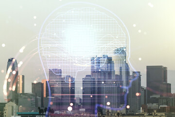 Double exposure of creative human head microcircuit hologram on Los Angeles office buildings...