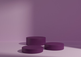 Three dark purple podiums or stands on light violet background for product display. Minimal composition for product display 3D rendering mockup. Window light coming from right side.