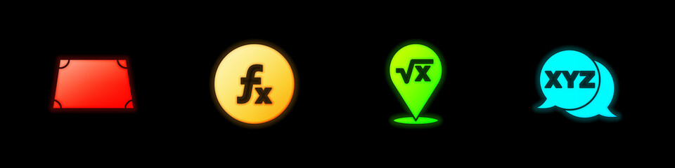 Set Acute trapezoid shape, Function mathematical symbol, Square root of x glyph and XYZ Coordinate system icon. Vector
