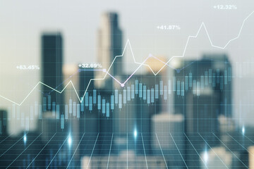 Multi exposure of virtual abstract financial graph interface on blurry skyscrapers background, financial and trading concept