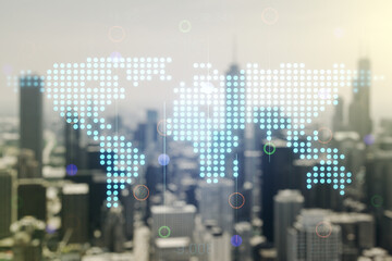 Multi exposure of abstract creative digital world map hologram on blurry cityscape background,...