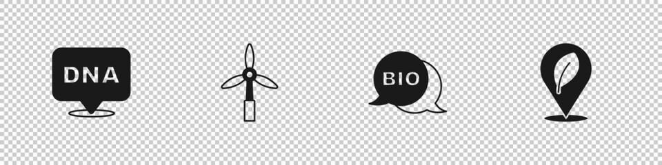 Set DNA symbol, Wind turbine, Bio healthy food and Location with leaf icon. Vector