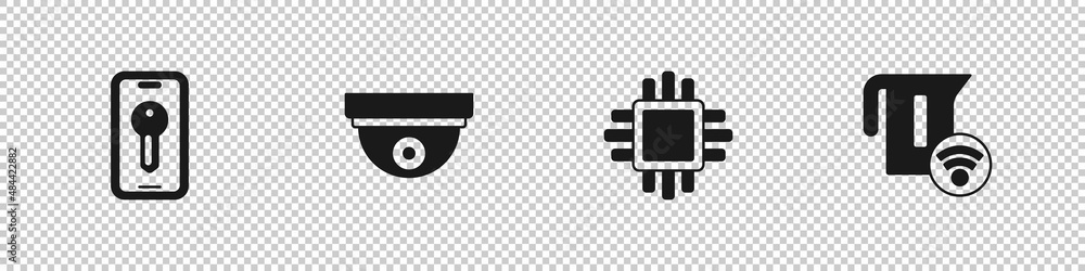 Poster set smart key, motion sensor, processor with cpu and electric kettle icon. vector