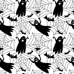 Halloween seamless pattern with doodle cute ghosts on white background.