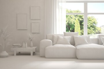 Mock up of stylish room in white color with sofa and green landscape in window. Scandinavian interior design. 3D illustration