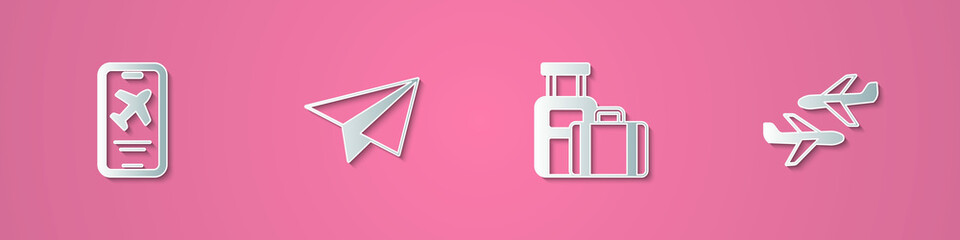 Set paper cut Mobile with ticket, Paper airplane, Suitcase and Plane icon. Paper art style. Vector