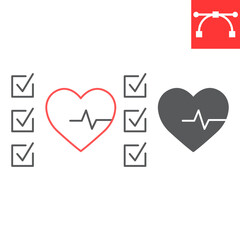Health check line and glyph icon, diagnosis and heartbeat, medical report vector icon, vector graphics, editable stroke outline sign, eps 10.
