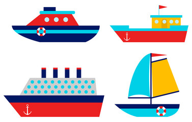 Children's toy ships. Set of children's, cartoon, toy ships and boats. Vector illustration. Vector.