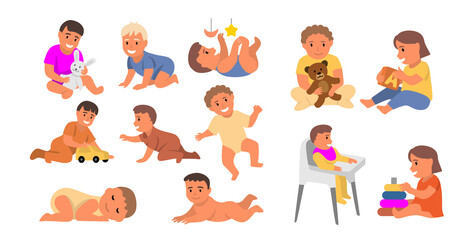 Cartoon cute little babies set vector. Child boy sleeping, sitting, crawling