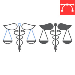 Health law line and glyph icon, medicine and justice, caduceus scale vector icon, vector graphics, editable stroke outline sign, eps 10.