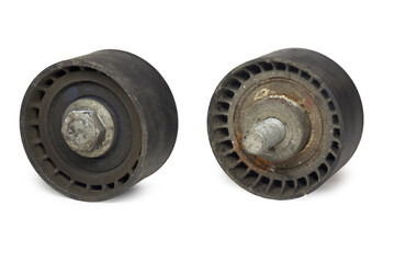 timing belt idler. Pair of rollers, pulley with bolt, old, both sides. isolated on white background