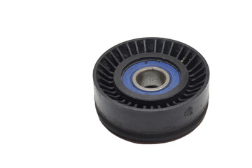 drive belt tension idler. black serpentine roller, with blue center. isolated on white background