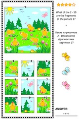 Visual logic puzzle with happy playful chicks feeding outdoor: What of the 2 - 10 are the fragments of the picture 1? Answer included.
