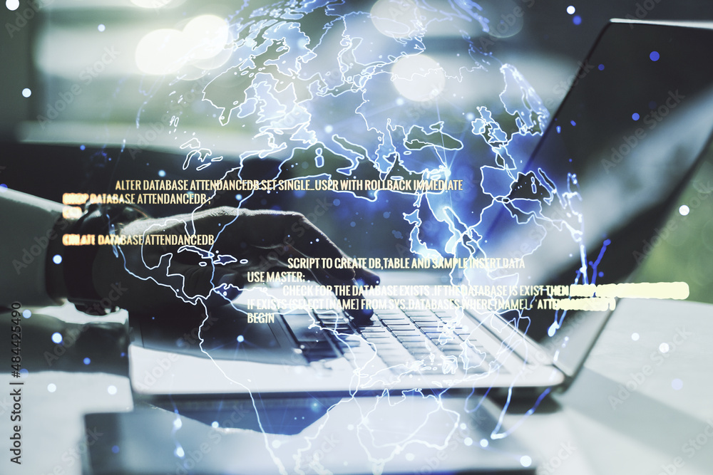 Poster abstract creative coding concept with world map and hands typing on laptop on background. multiexpos