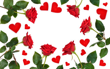 Red roses flowers and hearts on a white background, copy space, top view. Festive romantic background for Valentine's Day