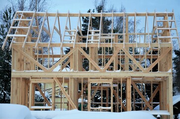 construction of a country house. Frame of the house. construction in winter