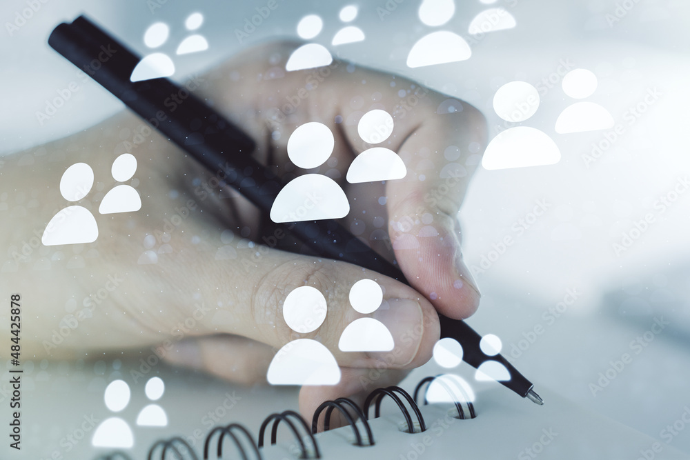 Poster double exposure of social network icons concept with man hand writing in notepad on background. netw