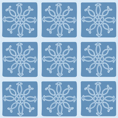 Hand drawn blue tone square pattern. Floral checkered background.