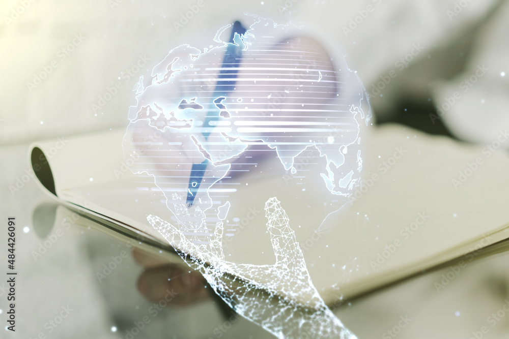 Aufkleber multi exposure of abstract creative digital world map and man hand writing in notebook on background