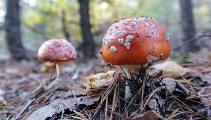 Red fly agaric or toadstool in the grass. Amanita muscaria. Toxic and poisonous mushroom muscimol. The photo was taken against the background of a natural forest. Forest mushrooms.