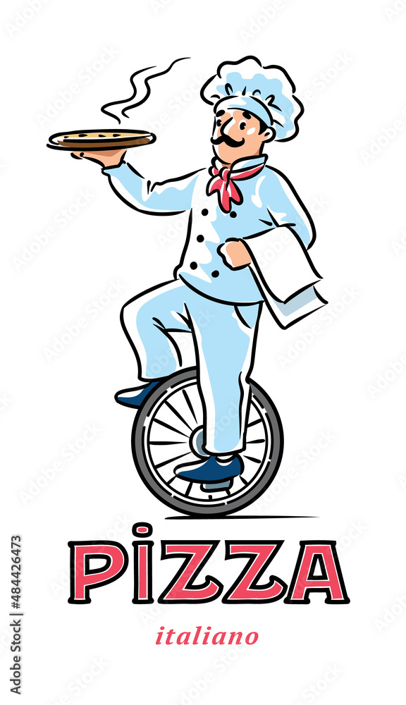 Canvas Prints funny chef on monocycle with pizza. emblem design