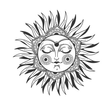 Bohemian Sun with face and rays, mystical line drawing for astrology, tarot icon, witch tattoo. Vector symbol, illustration isolated on white background.