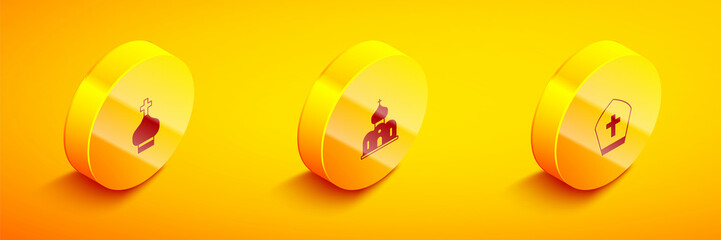 Obraz premium Set Isometric Christian church tower, Church building and Pope hat icon. Vector