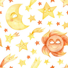 Cute Seamless Childrens pattern, watercolor illustration with elements of space, sun, stars, moon, comets on a white blackground