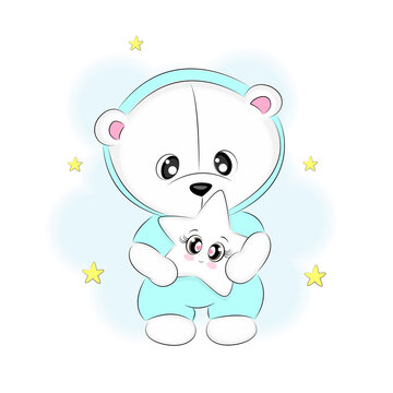 Cute white bear, polar bear, holding a star, cute children's illustration, for card design, print on textiles, on a t-shirt or gift box, children's room decoration, vector illustration.