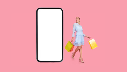 Female Near Big Smartphone Screen Carrying Shopping Bags, Pink Background