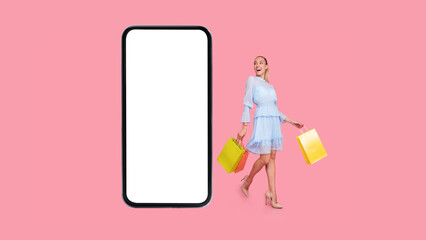 Female Near Big Smartphone Screen Carrying Shopping Bags, Pink Background