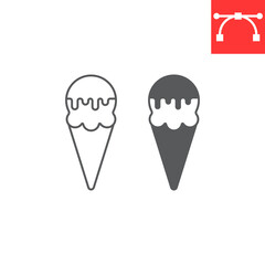 Ice cream line and glyph icon, frozen and sweet, ice cream cone vector icon, vector graphics, editable stroke outline sign, eps 10.