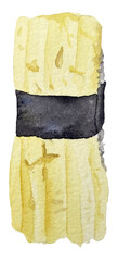 Watercolor nigiri sushi with tamago top view on white background.