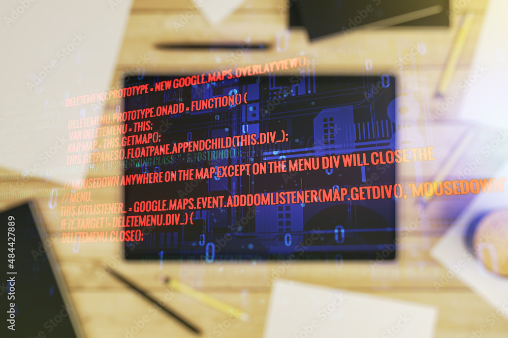 Aufkleber multi exposure of abstract graphic coding sketch and modern digital tablet on desktop on background,