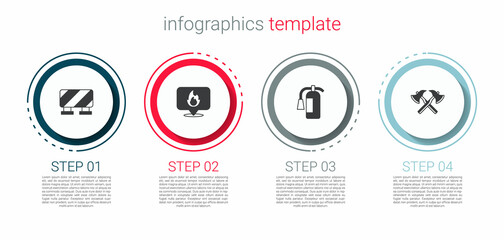 Set Road barrier, Location with fire flame, Fire extinguisher and Firefighter axe. Business infographic template. Vector