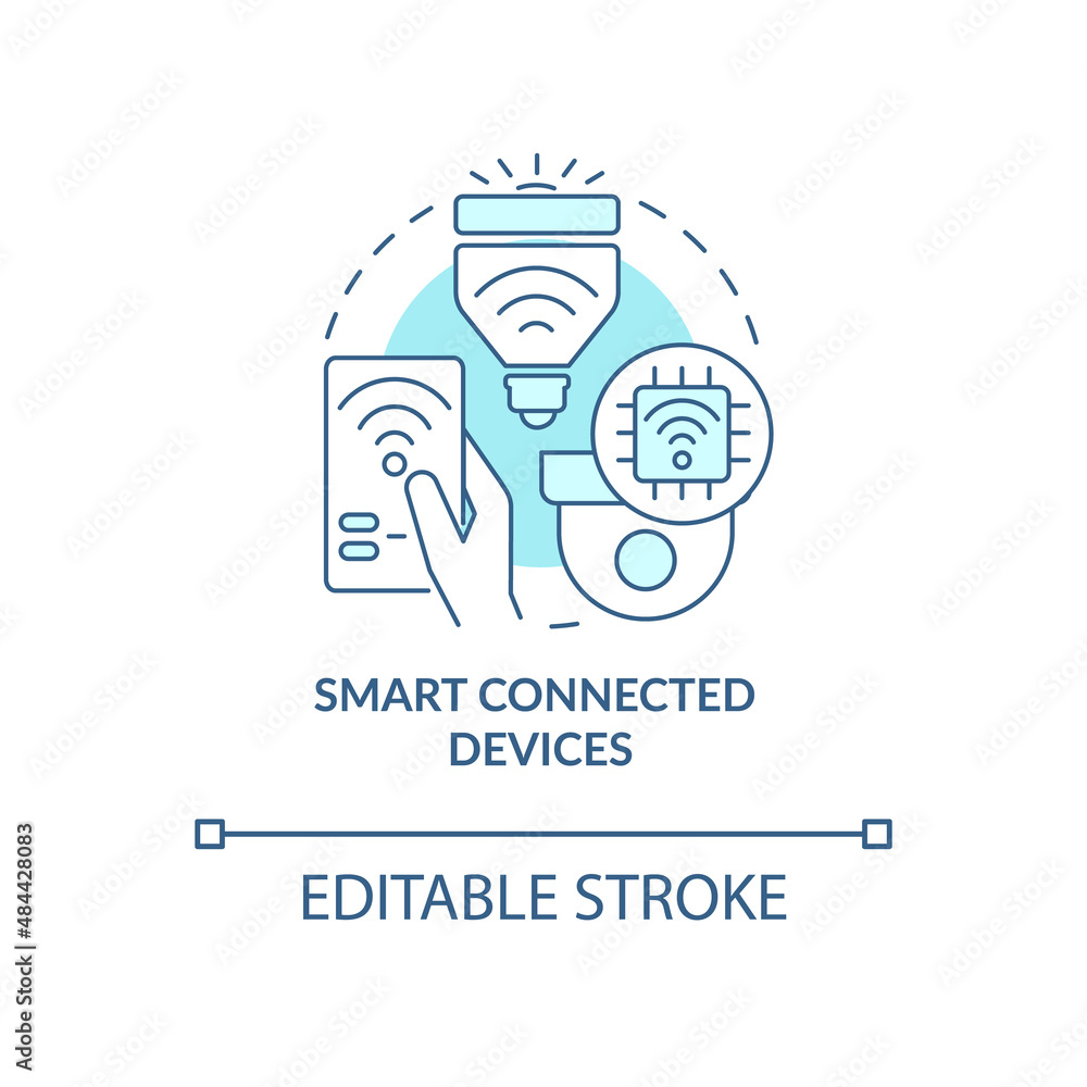 Poster smart connected devices turquoise concept icon. home automation system abstract idea thin line illus