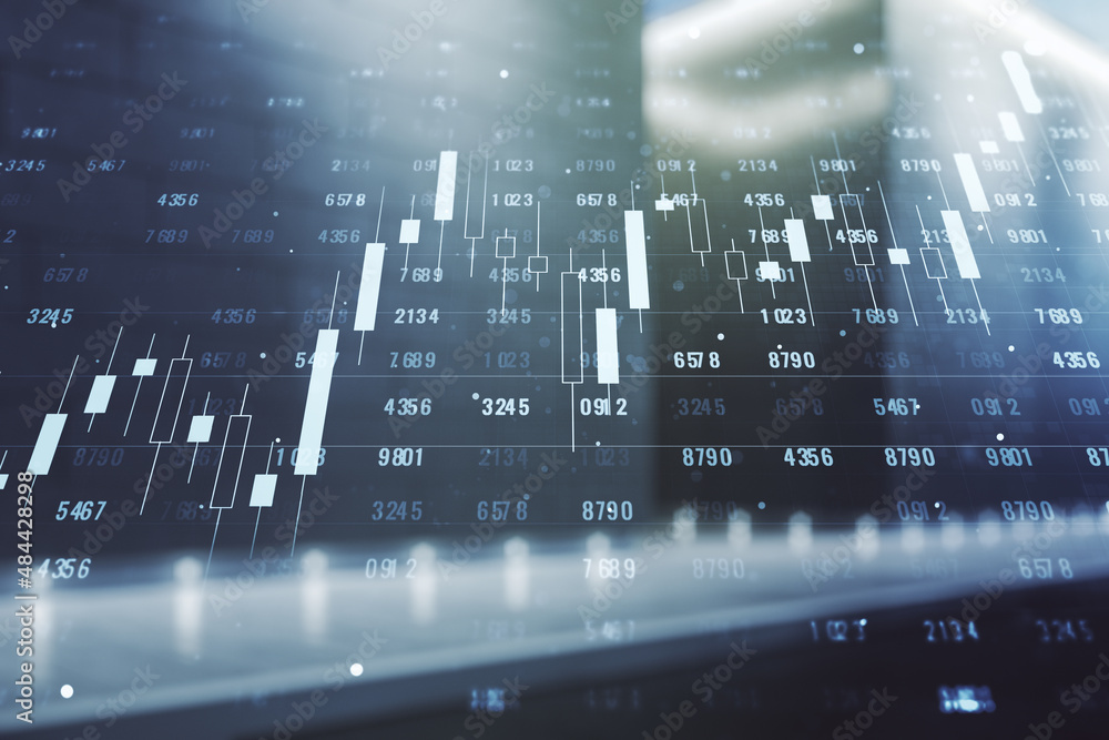 Poster multi exposure of abstract statistics data hologram interface on contemporary business center exteri