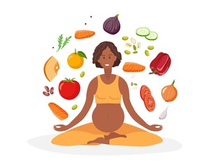 Healthy nutrition during pregnancy. Healthy food. Pregnant African American woman with sportswear does lotus position. Food for pregnant woman. Healthy food during pregnancy concept - obrazy, fototapety, plakaty