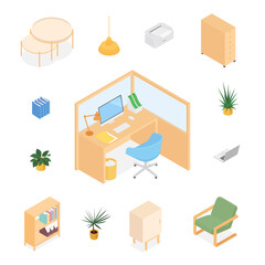 Isometric office desk, workspace. Vector illustration in flat design, isolated. 