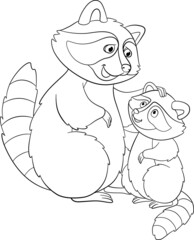 Coloring page. Mother raccoon stands with her little cute baby raccoon and smiles. - obrazy, fototapety, plakaty