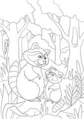 Coloring page with example. Mother raccoon stands with her little cute baby in the forest.