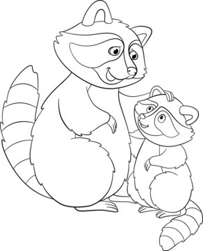Coloring page. Mother raccoon stands with her little cute baby raccoon and smiles.